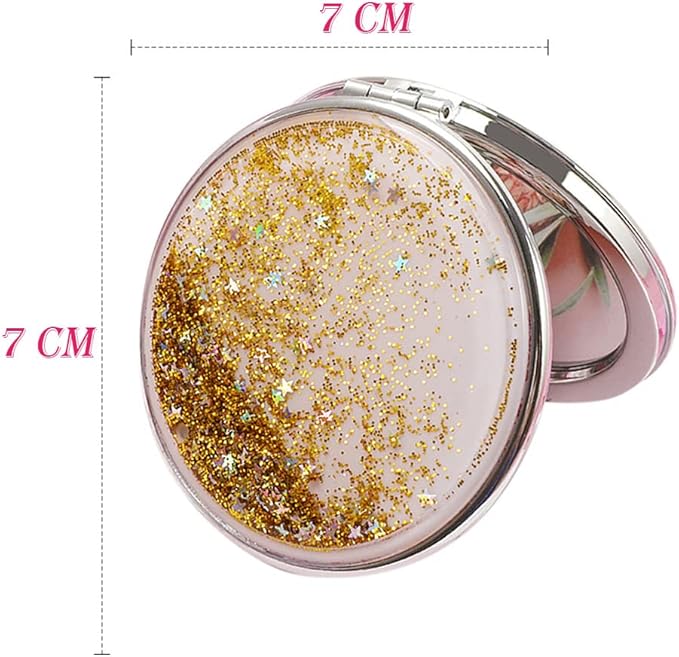 AKOAK 1 Pack Compact Mirror, Portable Quicksand Pocket Travel Makeup Mirror, Folding Hand-held Double Sided 1x/2x Magnifying Glass, Great Gift for Women and Girls (Glod)