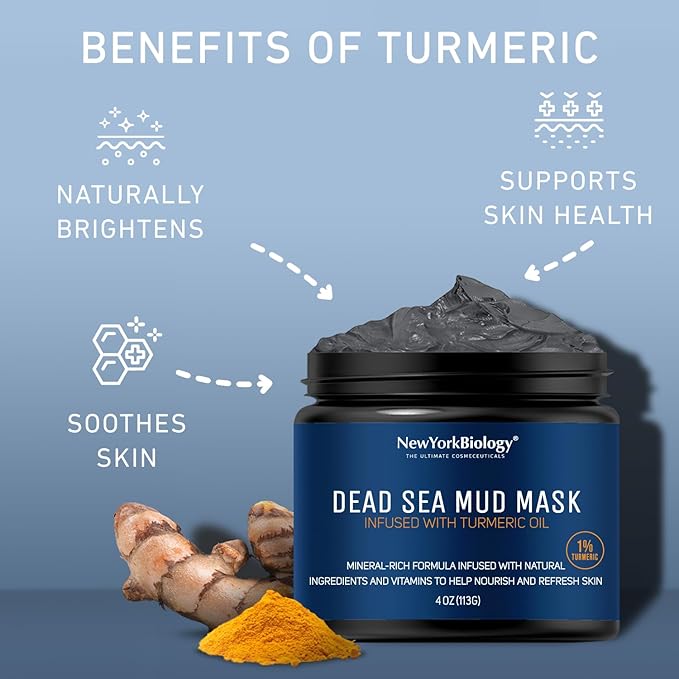 New York Biology Dead Sea Mud Mask for Face and Body | with Turmeric Oil | Spa Quality Pore Refiner for Oily Skin | Natural Skincare for Women & Men | Tighten Skin for A Healthier Complexion | 4 oz