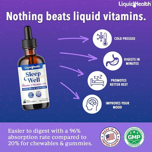 LIQUIDHEALTH Sleep Well Liquid Melatonin, L-Theanine Supplement Natural Sleep Aid, Fall Asleep Faster, Stay Asleep Longer - USA Made, Vegan, Sugar Free, Drug Free, Non-GMO Sleep Spray Drops (2 Pack)