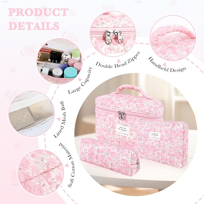 3Pcs Cotton Quilted Makeup Bag Set,Large Floral Cosmetic Bag，Aesthetic Toiletry Travel Makeup Bag Set and Cute Flower Bag for Women Girls (Pink Flower)