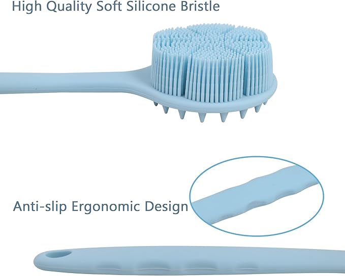 OWIIZI Extremely Soft Silicone Back Brush for Shower with Rich Lather, Reversible Body Bath Brushes Scrubber with Long Handle Skin Exfoliator for Women Elderly Wet Use
