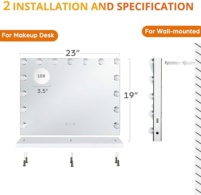 M MIVONDA Hollywood Vanity Mirror with Dimmable 15LED Bulbs Lights 3 Lighting Modes 2in1 Large Lighted Makeup Mirror for Desk and Wall with Plug-in and USB Charger Port
