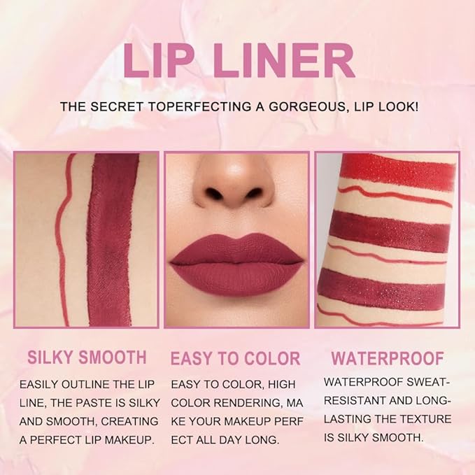 BINGBRUSH 2 IN 1 Lip Liner & Lipstick Makeup Set, Dark Red Matte Metallic Lipliner Set for Black Mature Women Waterproof Long Lasting Gift Set (3Pcs Set02-Matte:01#06#09#, 3Pcs)