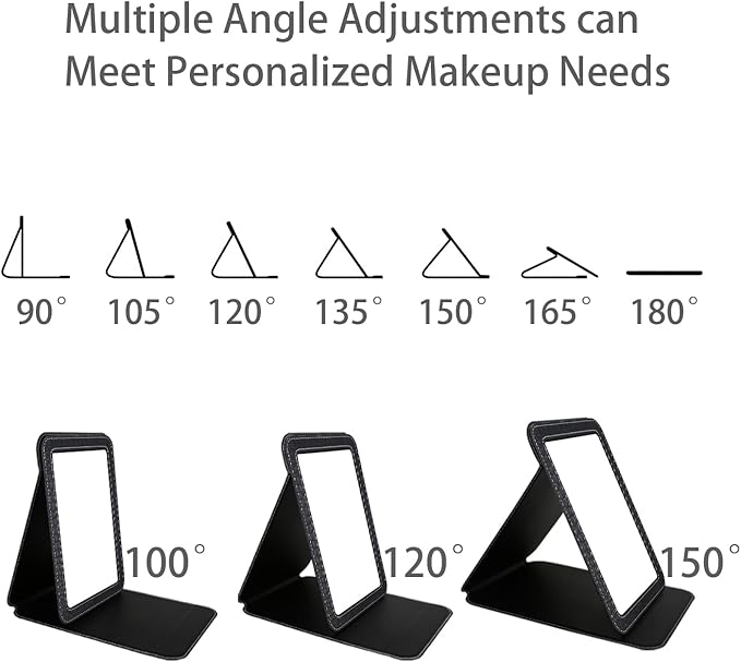Black Foldable Desk Mirror, 5.3×6.9” Adjustable Angle Rounded Rectangle PU Edge Covering Travel Mirror with Stand (MBlack)