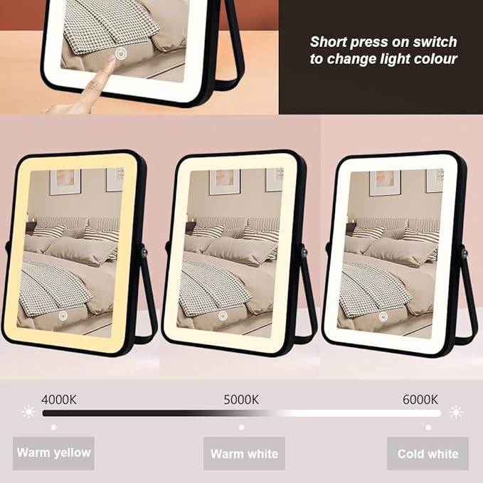 Black Rechargeable Makeup Vanity Mirror with Lights, Small Desk Makeup Mirror with Lights, 3 Lighting Modes, Dimmable Touch Screen, Tabletop Light up Mirror