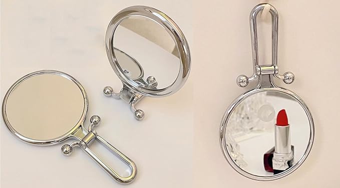 1X/5X Handheld Mirror, Tabletop Mount, Modern Personal Compact Travel Mirror, Silver Frameless, 5.7"L x 3.5"W