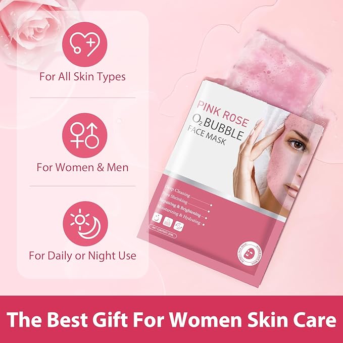 IREV Pack of 10 Pink Rose O2 Bubble Face Masks Skincare - Spa Gifts for Women - Bubble Face Sheet Mask Cleaner Foaming Purifying Facial Mask for Acne and Pores Moisturizing Beauty Sheet Masks