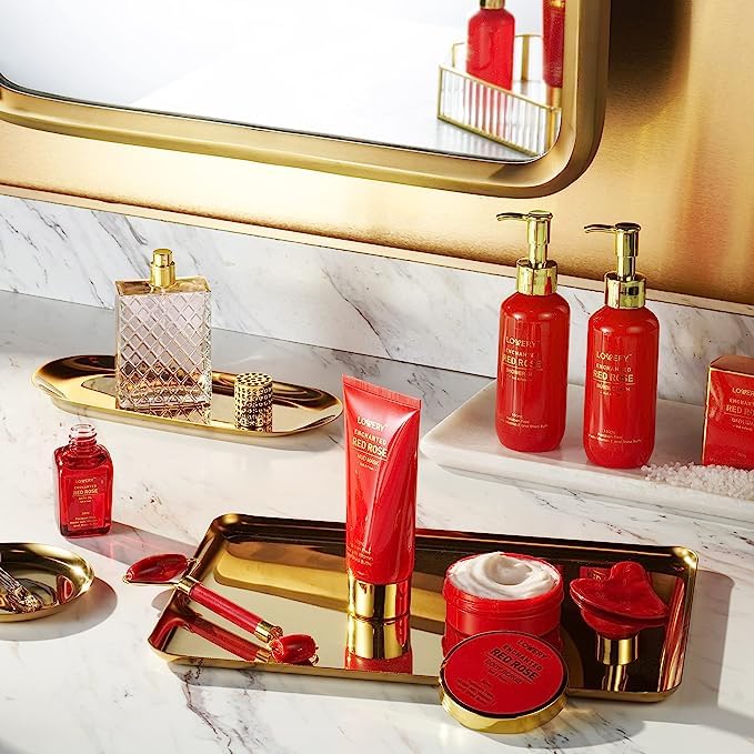 Christmas Gifts, Spa Gifts for Women, Bath and Body Gift Set, Red Rose Gift Basket Relaxation, Pampering, Thank You, Birthday Gifts for Mom Her with Perfume, Jade Roller, Quartz Gua Sha Stone & More