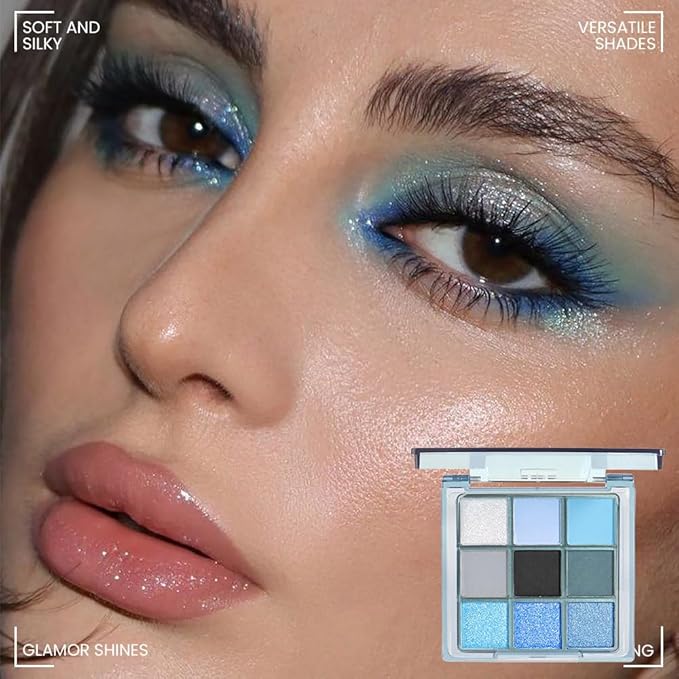 9 Colors Blue Smoky Matte Shimmer Eyeshadow Palette for Eye Makeup,High Pigmented Brown Purple Eye Shadow Primers Powder Palet de sombras de ojos