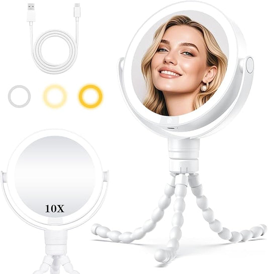 Makeup Mirror with Lights, 1x/10x Magnifying Mirror with Light & 3 Colors - Adjustable Brightness, 360° Rotating Portable Travel Makeup Mirror, Hanging/Handheld/Desktop Design,Vanity Mirrors for Women