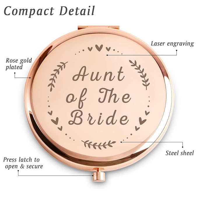 Aunt of The Bride Gifts, Personalized Engraved Compact Mirror, Best Presents for Bridal Shower, Wedding, Bachelorette Party
