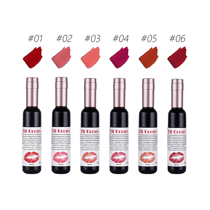 BONNIE CHOICE 6 Colors Wine Bottle Lip Tint Stain Set, Waterproof Long Lasting 24 Hour Wine Bottle Red Matte Lip Stain Non-stick Cup Lip Gloss Matte Liquid Lipstick Mini Makeup Set for Women