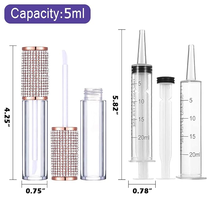 AMORIX 50 Pack Crystal Rhinestone Lip Gloss Tubes with Wand 5ml Empty Lip Gloss Containers Cute Lipgloss Bottles Lip Gloss Supplies Kit + 3pcs Syringes + Labels for DIY Lip Gloss Base