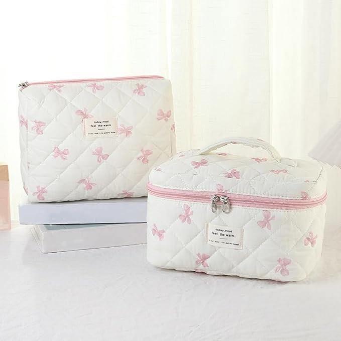 3 Pcs Quilted Makeup Bag Set,Coquette Bow Make up Bag,Cute Floral Makeup Bags Large Travel Toiletry Cosmetic Bag Organizer for Women Girls (L-3PCS)