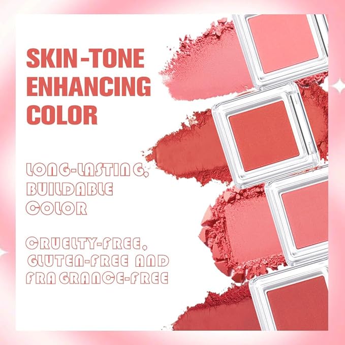 4 Color Matte Blush Palette - Buildable, Long-Lasting Pressed Powder Blusher with Brush, Cruelty-Free, Vegan, Compact Design for a Bright, Healthy Glow, Gift Set for Women