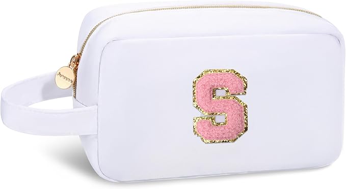 Aveniee Monogram Travel Makeup Bag for Women,Initial Cosmetic Organizer With Handle,Preppy Toiletry Bag,Christmas Birthday Gifts for Women Teen Girls Sister Teacher-White S