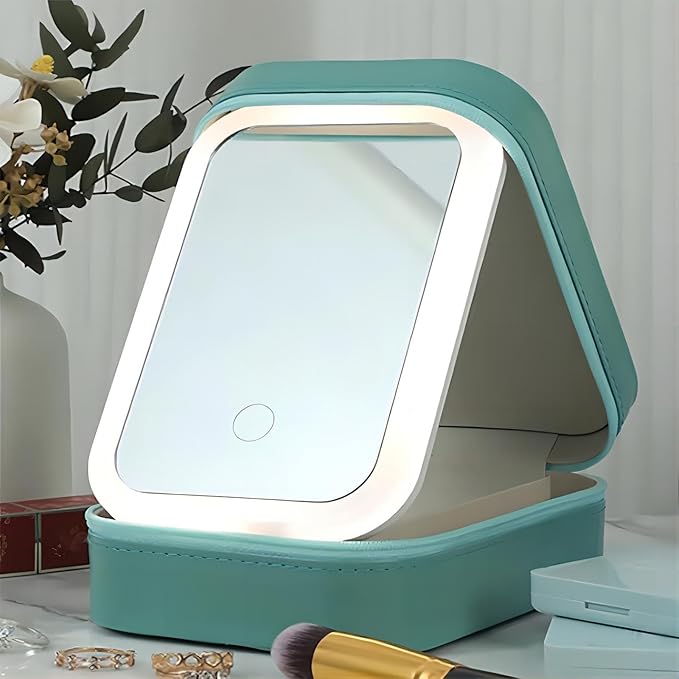 Makeup Case with LED Mirror, Three Color Brightness Adjustable Makeup Mirror, Rechargeable Makeup Mirror, Portable Cosmetic Case, LED Light Jewelry Box (Green)