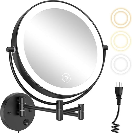 Anfauny 9 Inch Wall Mounted Lighted Makeup Mirror, Double Sided 1X/10X Magnifying LED Vanity with 3 Color Lights and Stepless Dimming, 360°Swivel Extendable Cosmetic for Bathroom- Black
