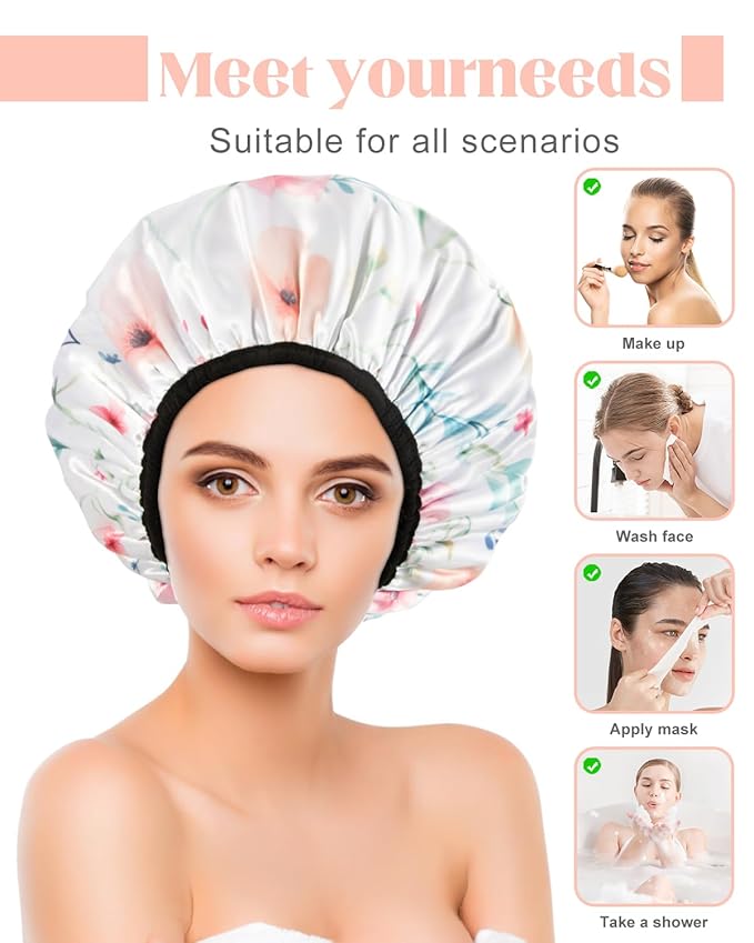 Auban Terry Lined Reusable Large Shower Cap for Women, 3 Layer Waterproof Hair Cap