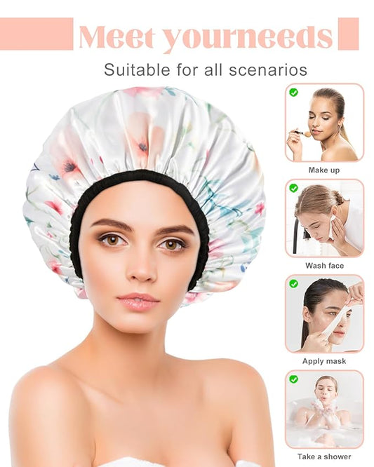 Auban Terry Lined Reusable Large Shower Cap for Women, 3 Layer Waterproof Hair Cap