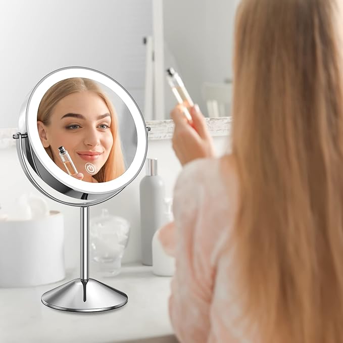Benbilry 8 Inch Lighted Makeup Vanity Mirror with Lights and Magnification, 1X/10X Magnifying Rechargeable Double Sided Light Up Mirror with 3 Color Dimmable Lights, 360° Swivel Cordless, Silver