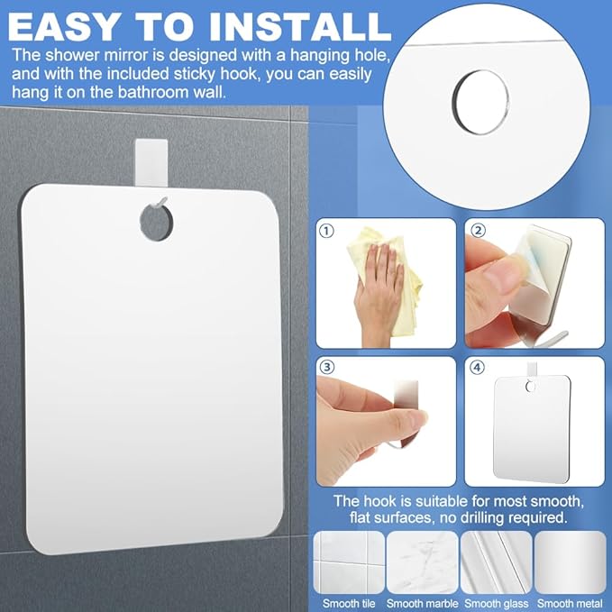 Anti-Fog Shaving Mirror, Fogless Shower Mirror, Bathroom Shower Mirror with Wall Hanging for Men and Women,Accessories, Bathroom Mirror & Accessories