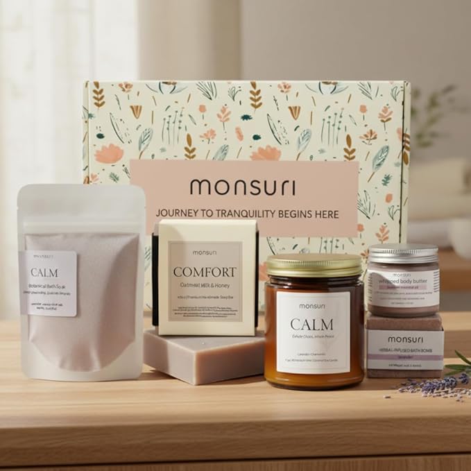 Relaxing Bath Gifts for Mom | Wind-Down Ritual with Lavender Candle, Bath Bomb, Soak, Body Butter, Oatmeal Soap Bar - Mom Birthday Gifts for Women, Self Care Package, Mother's Day Gifts