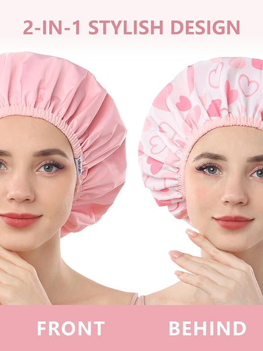 Years Calm Shower Caps For Women Reusable Waterproof，Pattern And Solid Color Dual-Layer Design For Dual-Layer Usable，Protects Hair In Shower, Spa, Cooking, Clean & Travel (Pink, Extra Large)