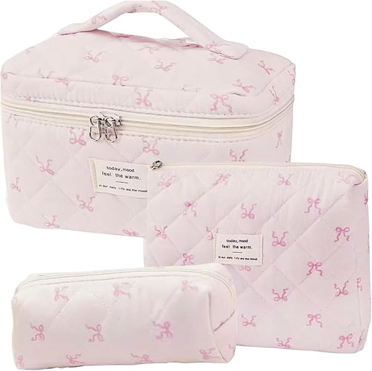 3 Pcs Quilted Makeup Bag Set,Coquette Bow Make up Bag,Cute Floral Makeup Bags Large Travel Toiletry Cosmetic Bag Organizer for Women Girls (I-3PCS)