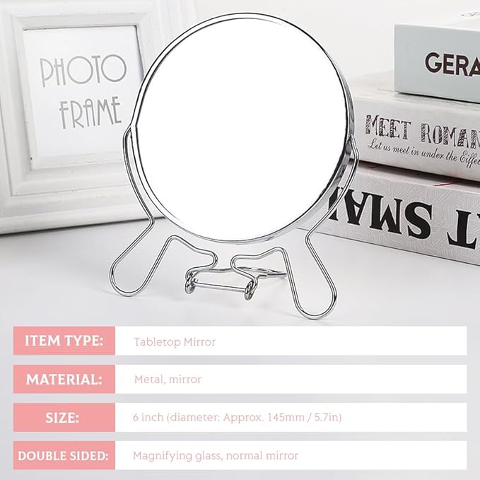 6inch Magnifying Mirror with Stand & Suction Cups, Two-Sided Portable Transparent Rotating Makeup Mirror Friendly Cosmetic Mirror for Handheld Table Wall-Mounted Use
