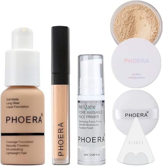 Full Coverage Makeup Set with Foundation (102 Nude), Concealer Stick (102 Neutral), Primer Gel, Setting Powder, Make Up Pad & Sponge - Complete Face Cosmetics Kit for Women