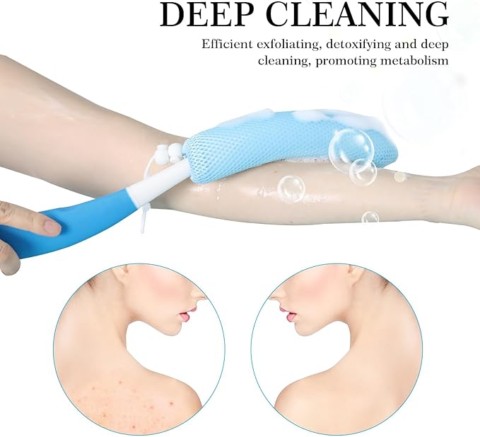 Long-Handle Back Bath Brush, with Anti-Slip Long-Handle Back Scrub net, is Used for Auxiliary Bath and Shower for The Elderly and People with Limited Activities (Green Blue)