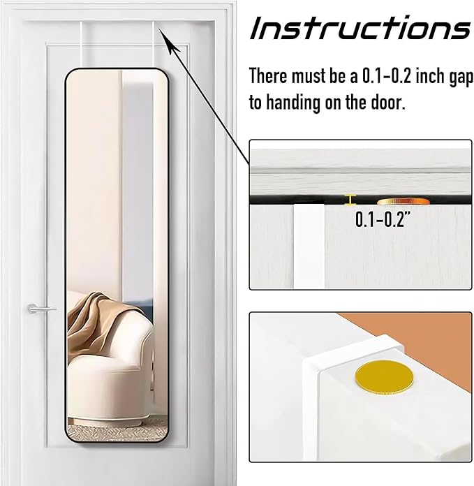 47x14 Mirror Full Body Length Door Hanging Rope Hang Wall Mounted Metal Frame Rectangle Mirrors for Bedroom Bathroom Dressing Living Room 47 inch Black