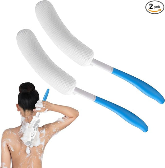 Sunnyray 2 Pack 15.35 Inch Long Anti-Slip Curve Handled Bath Body Brush, Body Back Bath Brush with Sponge Soft Blue Rubbing Back Shower Brush for Elderly Aid Bathing and Shower