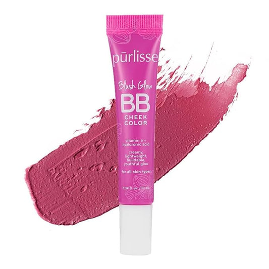 pürlisse Blush Glow BB Cheek Color - Dewy Liquid Blush for Cheeks - Enriched with Vitamin E & Hyaluronic Acid - Creamy, Lightweight & Buildable - Hydrating & Nourishing - Pretty Plum (0.34 Fl oz)