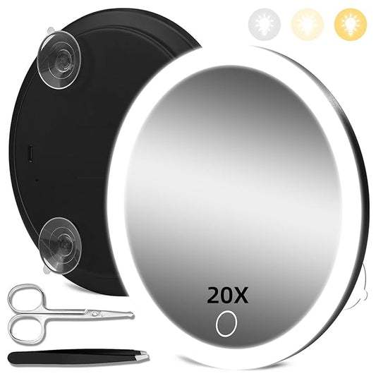 20X Magnifying Mirror with Lights, 20X Magnified Mirror with 3 Color Lighting Adjustable Brightness, 6inch Travel Magnification with 3 Suction Cups - Includes Tweezers & Scissors