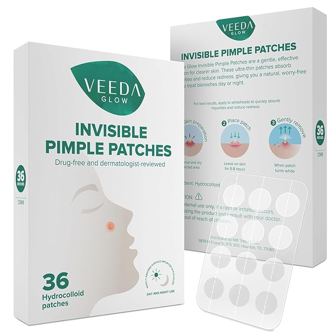 Veeda Glow Pimple Patches – Hydrocolloid Acne Stickers for Fast Healing, Invisible & Non-Irritating Zit Covers, Blemish Spot Treatment, 36 Count