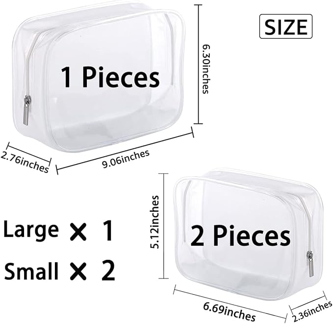 3 Pack Clear Plastic Zippered Toiletry Carry Pouch TSA Approved Toiletry Bag Portable Cosmetic Makeup Bag for Vacation, Bathroom and Organizing (White 3Pcs, Small/Large)