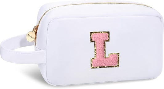 Aveniee Initial Monogram Makeup Bag,Personalized Travel Makeup Bag Pouch Organizer With Handle,Preppy Cosmetic Bag,Christmas Birthday Gifts for Women Teen Girls Sister-White L