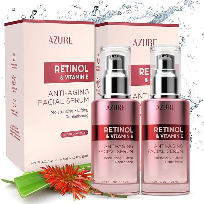 Azure Cosmetics Retinol Serum For Face - Dermatologist Tested, Anti Aging for Dark Spots & Skin Smoothing - Vitamin E for Replenishing & Skin Renewal - Vegan, Clean Beauty, Korean Skin Care - 2 Pack