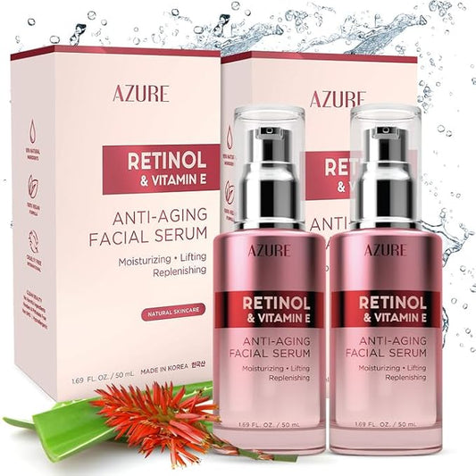 Azure Cosmetics Retinol Serum For Face - Dermatologist Tested, Anti Aging for Dark Spots & Skin Smoothing - Vitamin E for Replenishing & Skin Renewal - Vegan, Clean Beauty, Korean Skin Care - 2 Pack