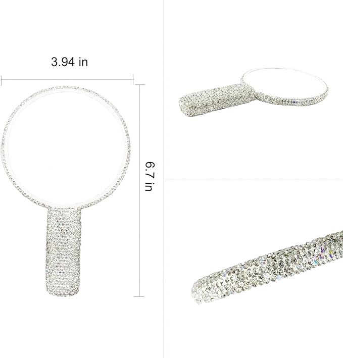 LOPURO Sparkling Rhinestone Round Shaped Handheld Mirror, Rhinestone Handheld Round Mirror Bling Glitter Cute Cosmetic Hand Mirror with Handle Portable Makeup Mirror for Women Travel