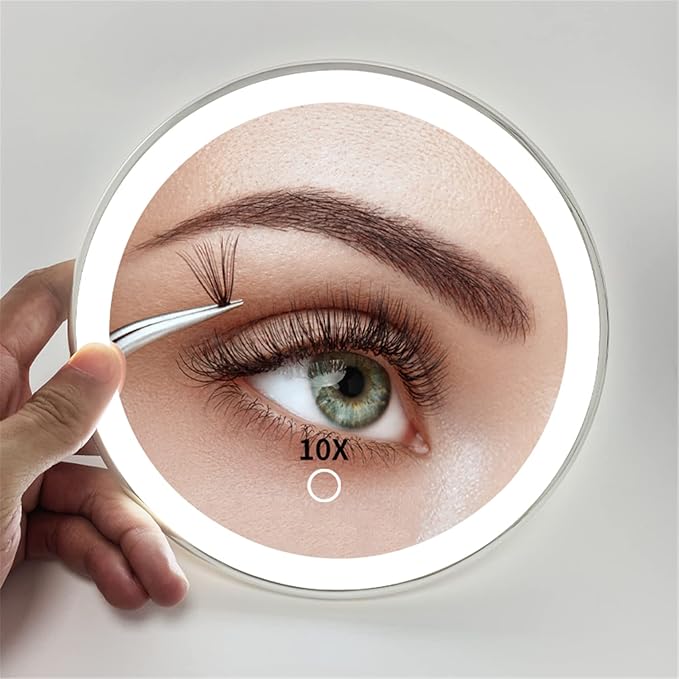 10X Magnifying Mirror Suction Cup with Light, Rechargeable Lighted Makeup Mirror, Compact Portable Bathroom Mirror for Travel