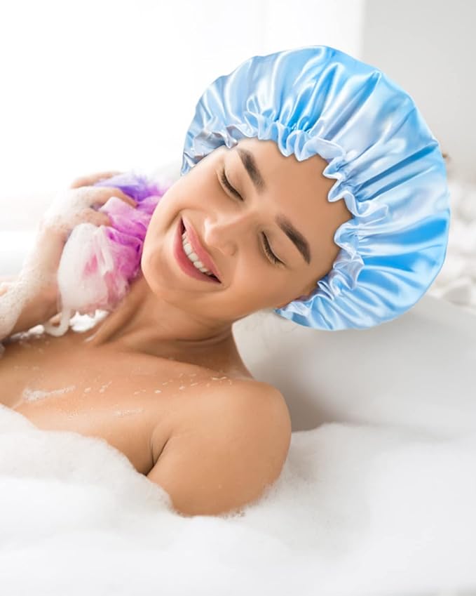 Aquior Shower Caps, Reusable Shower Cap for Women, Double Layer Waterproof Hair Cap, Large Size for All Hair Lengths,for Girls Spa Home Salon Use (Pink Cloud)