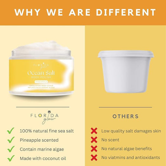Sea Salt Body Scrub by Florida Suncare - Ocean Salt Body Polish Infused with Marine Algae - Exfoliating Face and Body Scrub - Facial Scrub Exfoliator to Tackle Acne (Pineapple, 3.3 oz)