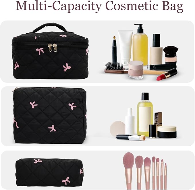 3Pcs Cotton Quilted Makeup Bag Set,Large Floral Cosmetic Bag，Aesthetic Toiletry Travel Makeup Bag Set and Cute Flower Bag for Women Girls (Black Pink Bow)