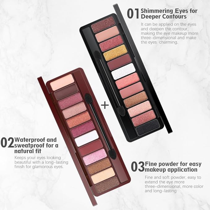 2-Pack 12-Color Nude Eyeshadow Palette with Mirror– Matte, Shimmer & Glitter Pigments Eye Makeup for Artists, Waterproof, Cruelty Free, Nude Pink Purple Brown Red Powder