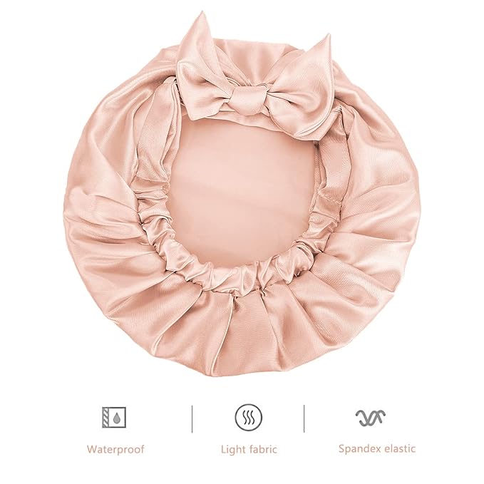 Auban Extra Large Shower Cap, Bowknot Double Layer Reusable Bath Hair Caps With Silky Satin for Women Beauty Bathing, Hair Spa, Home Hotel Travel Use (Beige)