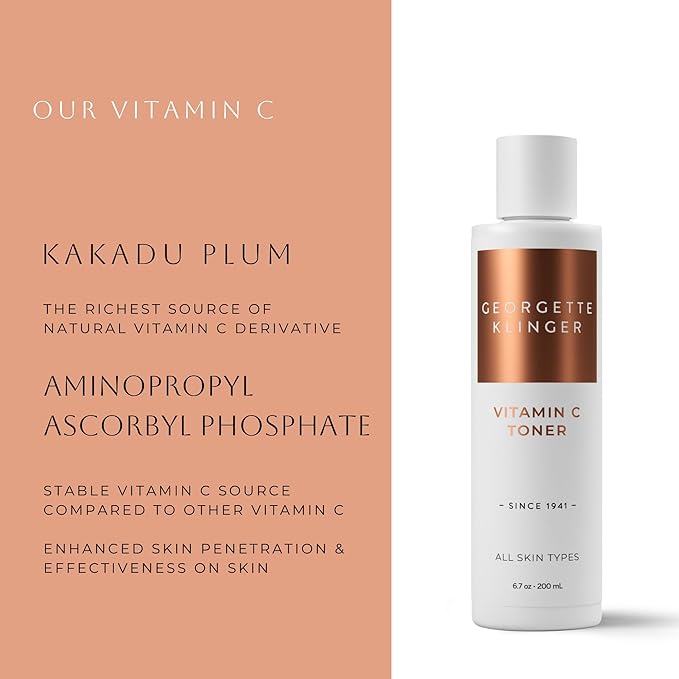 Vitamin C Toner - Revitalizing Face Skin Brightener with Kakadu Plum, Aloe Vera, and Witch Hazel: Reduces Sun Spots, and Age Spots While Cleansing Pores - 6.7 oz by Georgette Klinger
