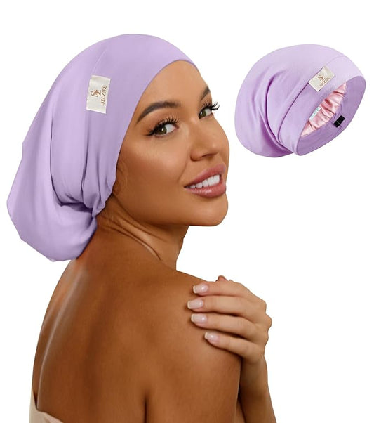 100% Mulberry Silk Bonnet for Sleeping for Curly Hair and Braids, Wrap with Adjustable Strap for Women and Men,Real Silk, Not Satin（1Pc,Lavender)